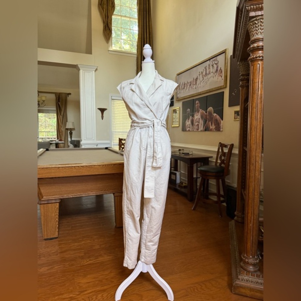 Anthropologie Cream Belted Jumpsuit